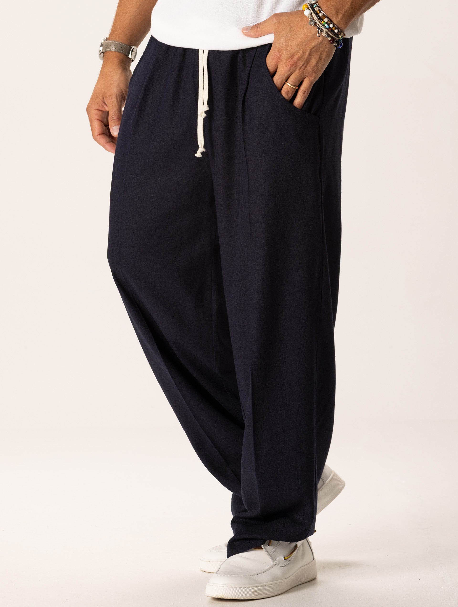 CASUAL LINEN BLEND PANTS IN NAVY
