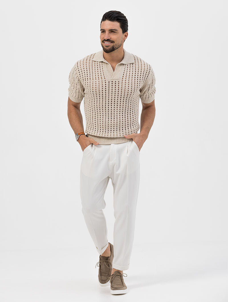 MESH KNITTED SHORT POLO IN BEIGE