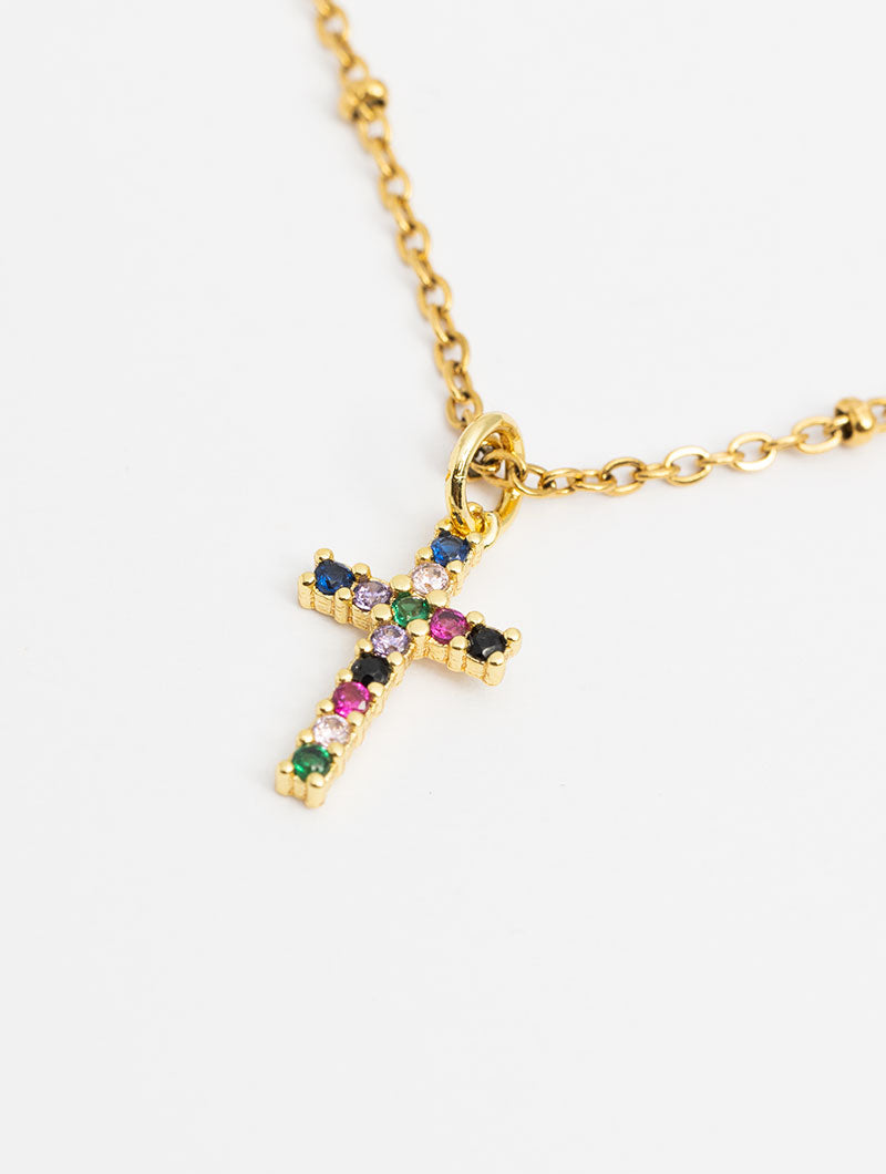 CROSS MULTICOLOR NECKLACE IN GOLD