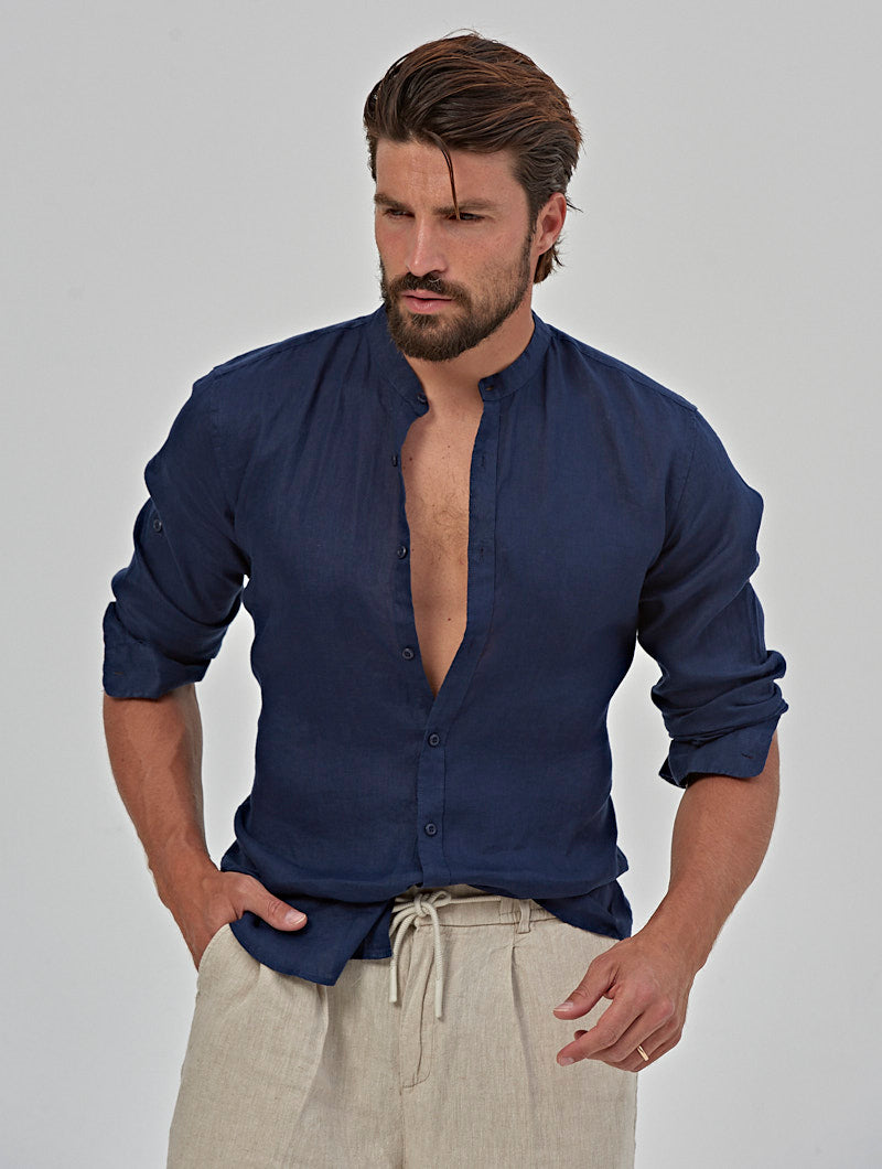Navy Long Sleeve Shirt with Linen Pants Outfits For Men (20 ideas & outfits)