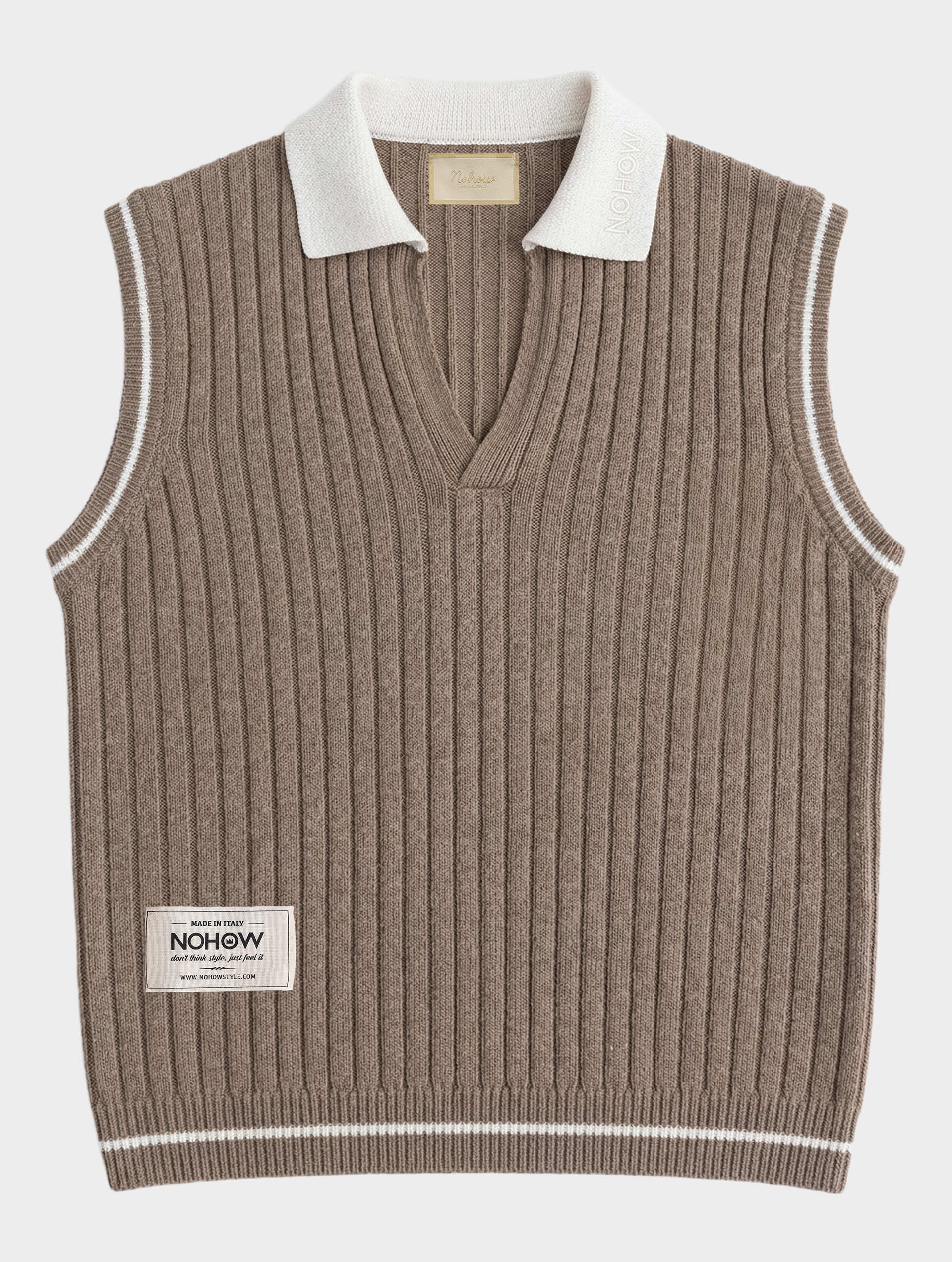 RIBBED VEST IN MUD WITH COLLAR - Luxury Ribbed Knit, Made in Italy
