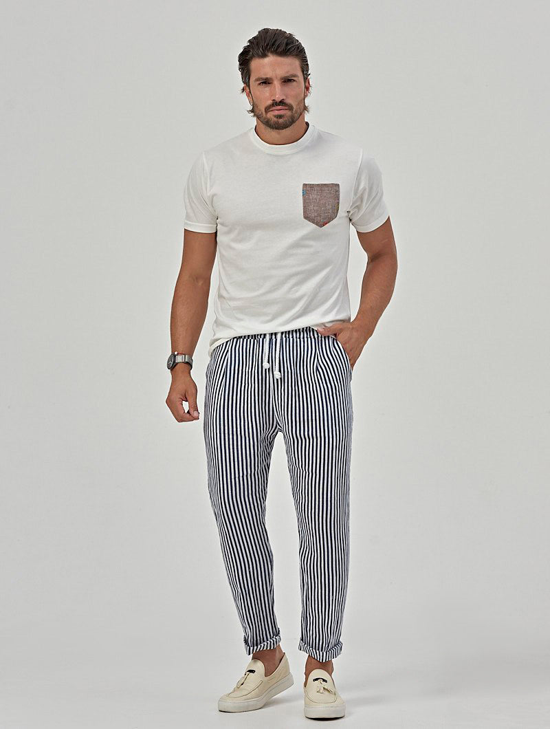 EZRA CASUAL PANTS IN WHITE AND BLUE