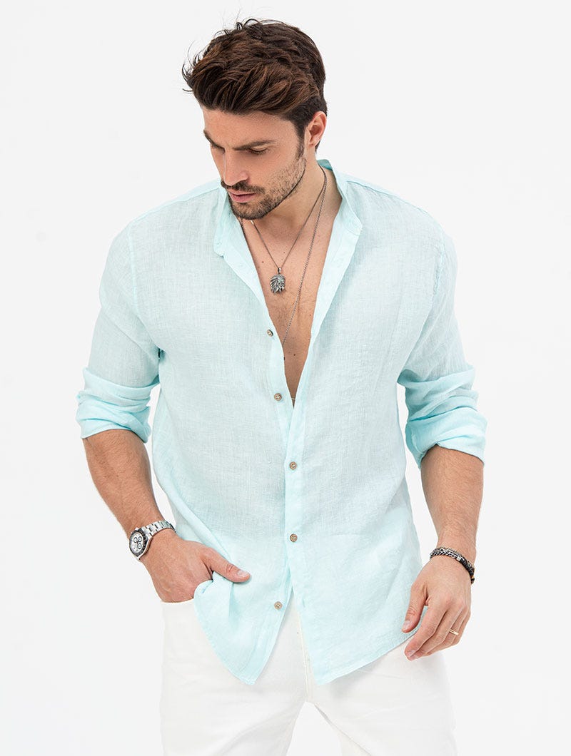 light turquoise dress shirt Men's Turquoise Dress Shirt ~ Light Blue Stage Party Cotton Blend Size Small 14.5" Neck/32 33" Sleeve