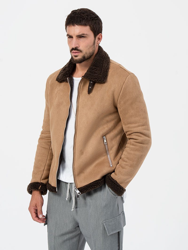 JACOB SHEARLING JACKET IN CAMEL AND BROWN