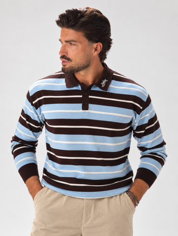 KNITTED STRIPED POLO IN SKY AND COFFEE