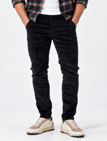 SLIM FIT VELVET PANTS IN BLUE NAVY