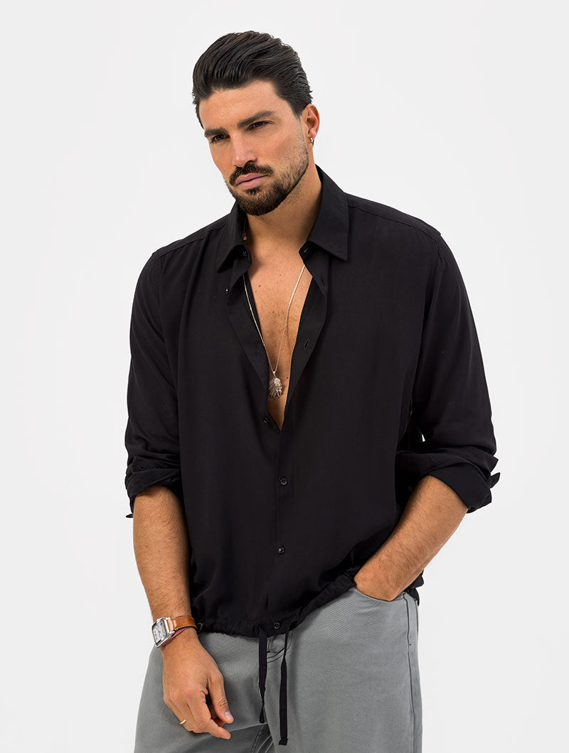 Casual shirt in Black with drawstring