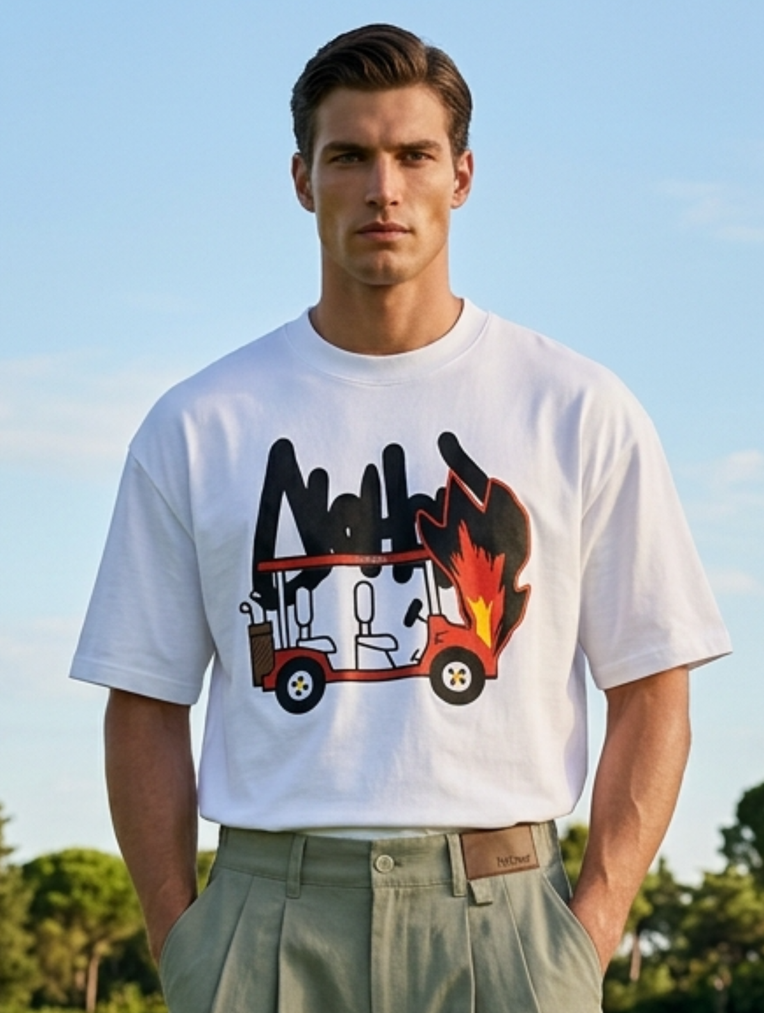 T-SHIRT IN WHITE WITH FIERY KART PRINT