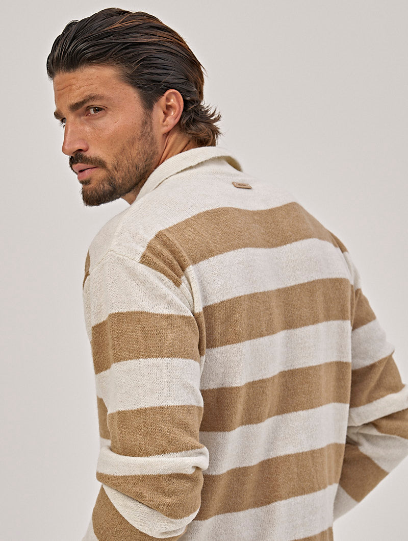 STRIPED POLO SWEATER IN WHITE AND BEIGE