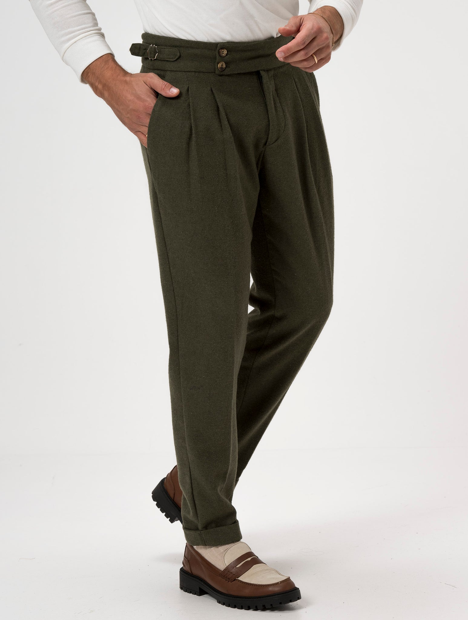 CALEB FLANNEL DOUBLE PINCES PANTS IN GREEN