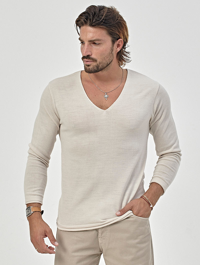 MARCEL PULL-OVER BEIGE À COL EN V