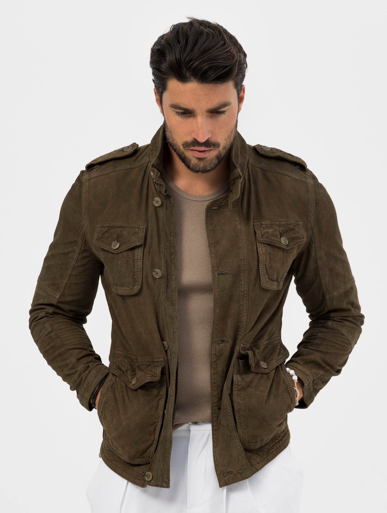 INDIAN SCOUT VESTE EN CUIR VERT MILITAIRE