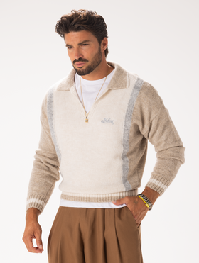 POLO-PULLOVER MIT V-AUSSCHNITT IN CREME UND SAND