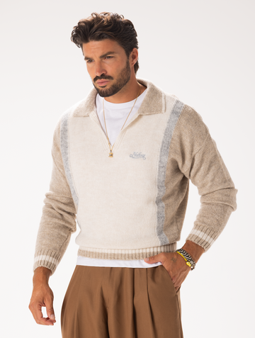POLO-PULLOVER MIT V-AUSSCHNITT IN CREME UND SAND