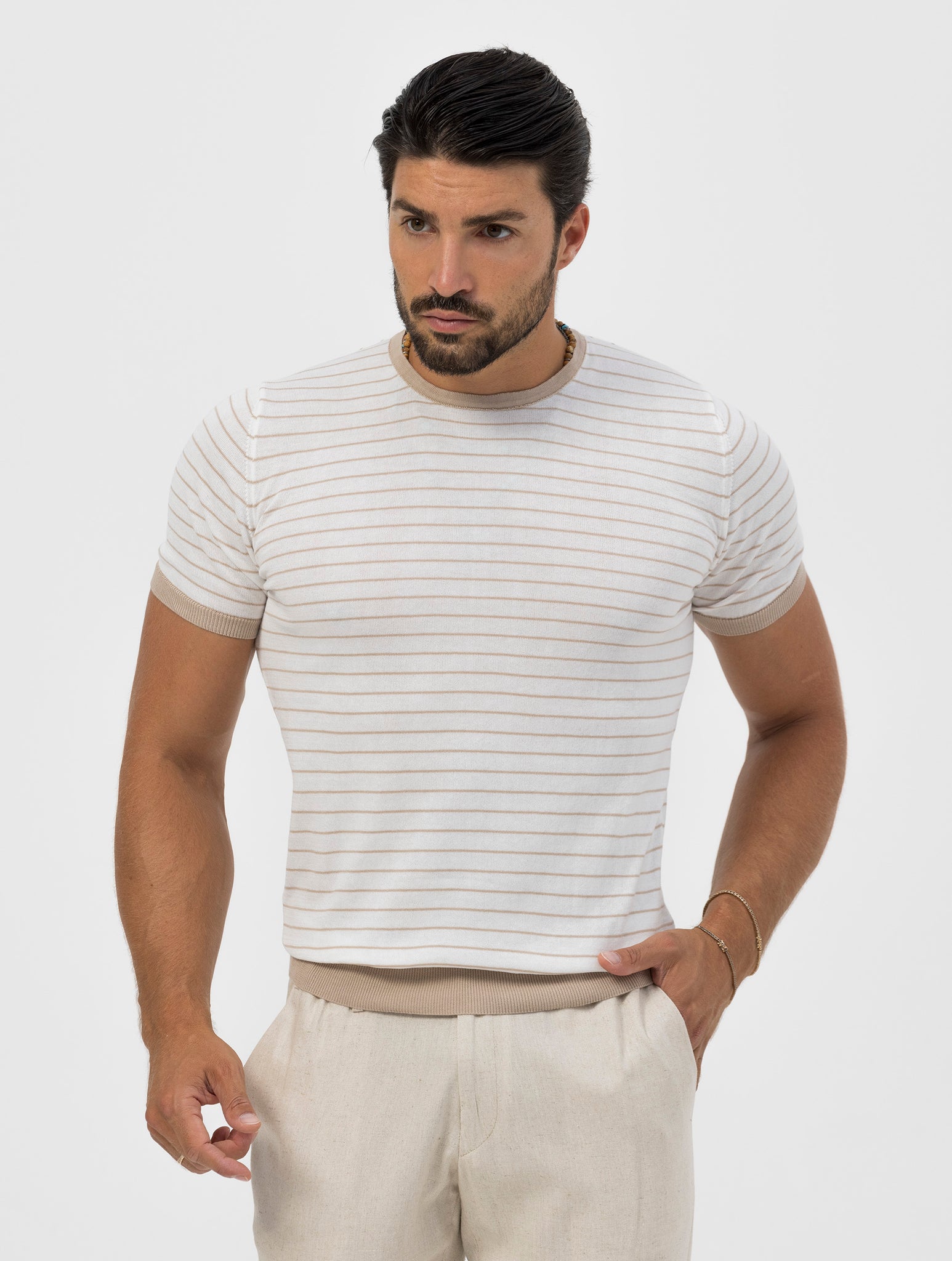 ANTHONY KNITTED T-SHIRT IN BEIGE AND WHITE