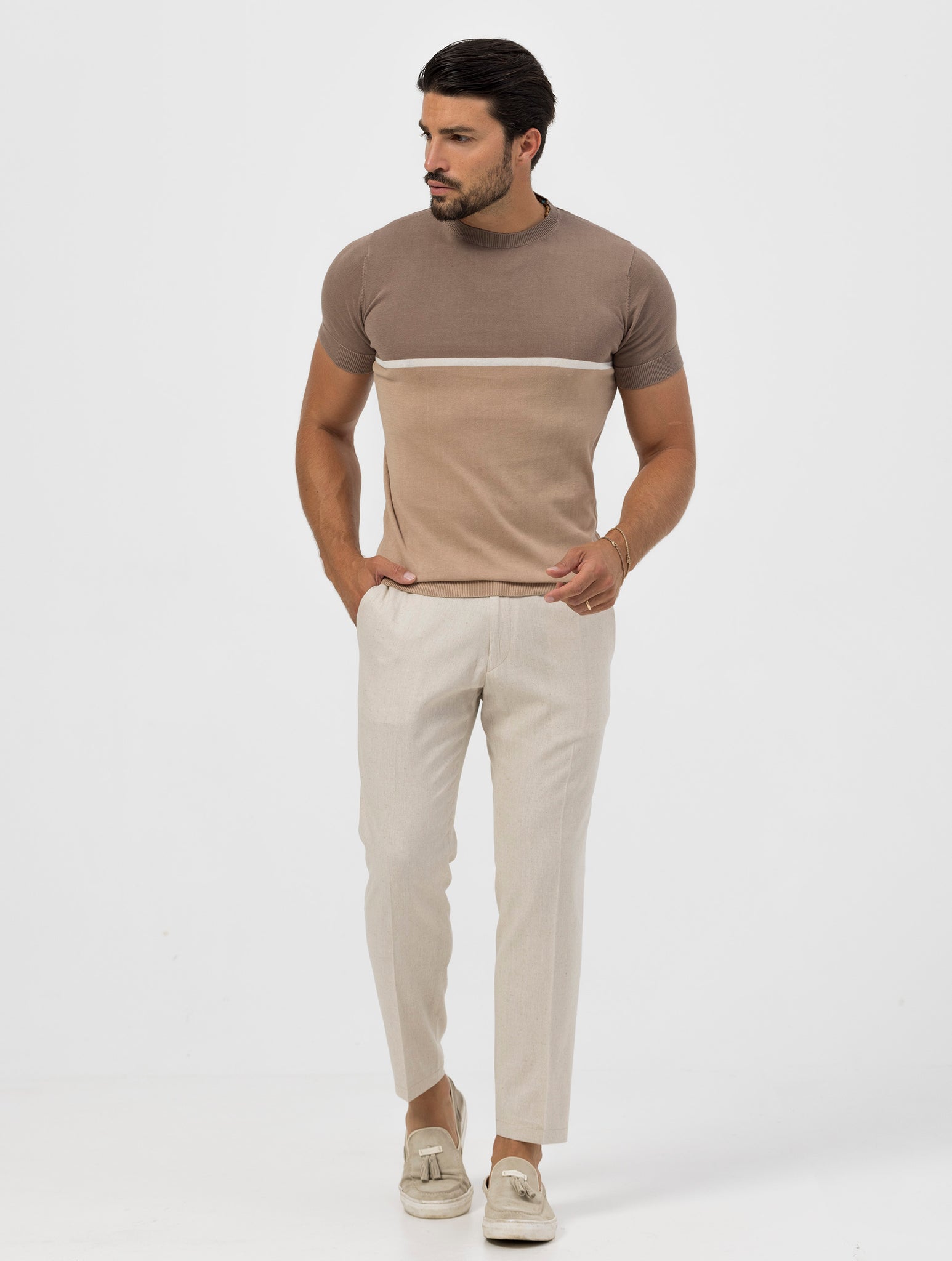 ANTHONY KNITTED T-SHIRT IN BEIGE AND BROWN