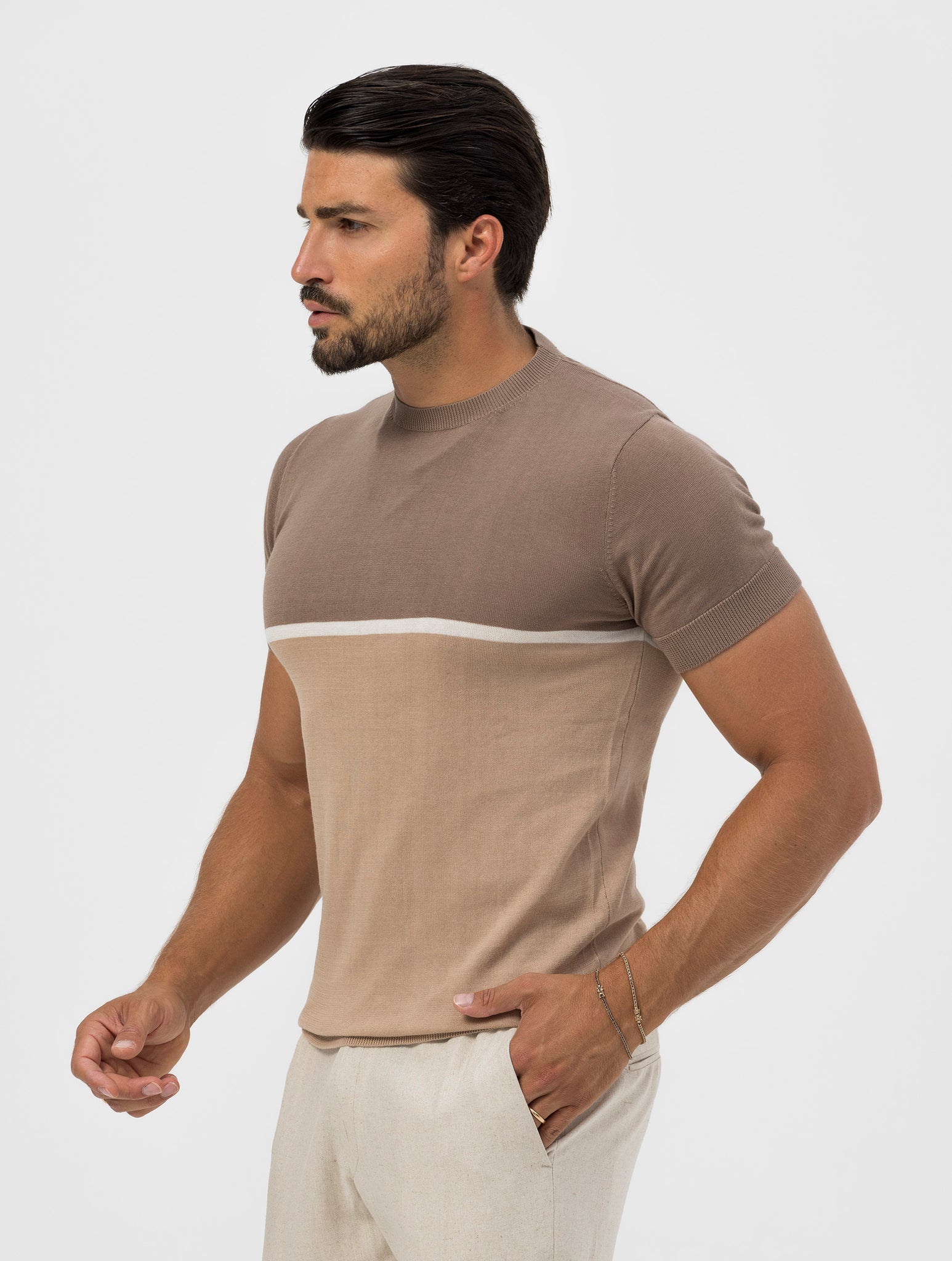 ANTHONY KNITTED T-SHIRT IN BEIGE AND BROWN