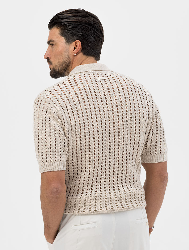 MESH KNITTED SHORT POLO IN BEIGE