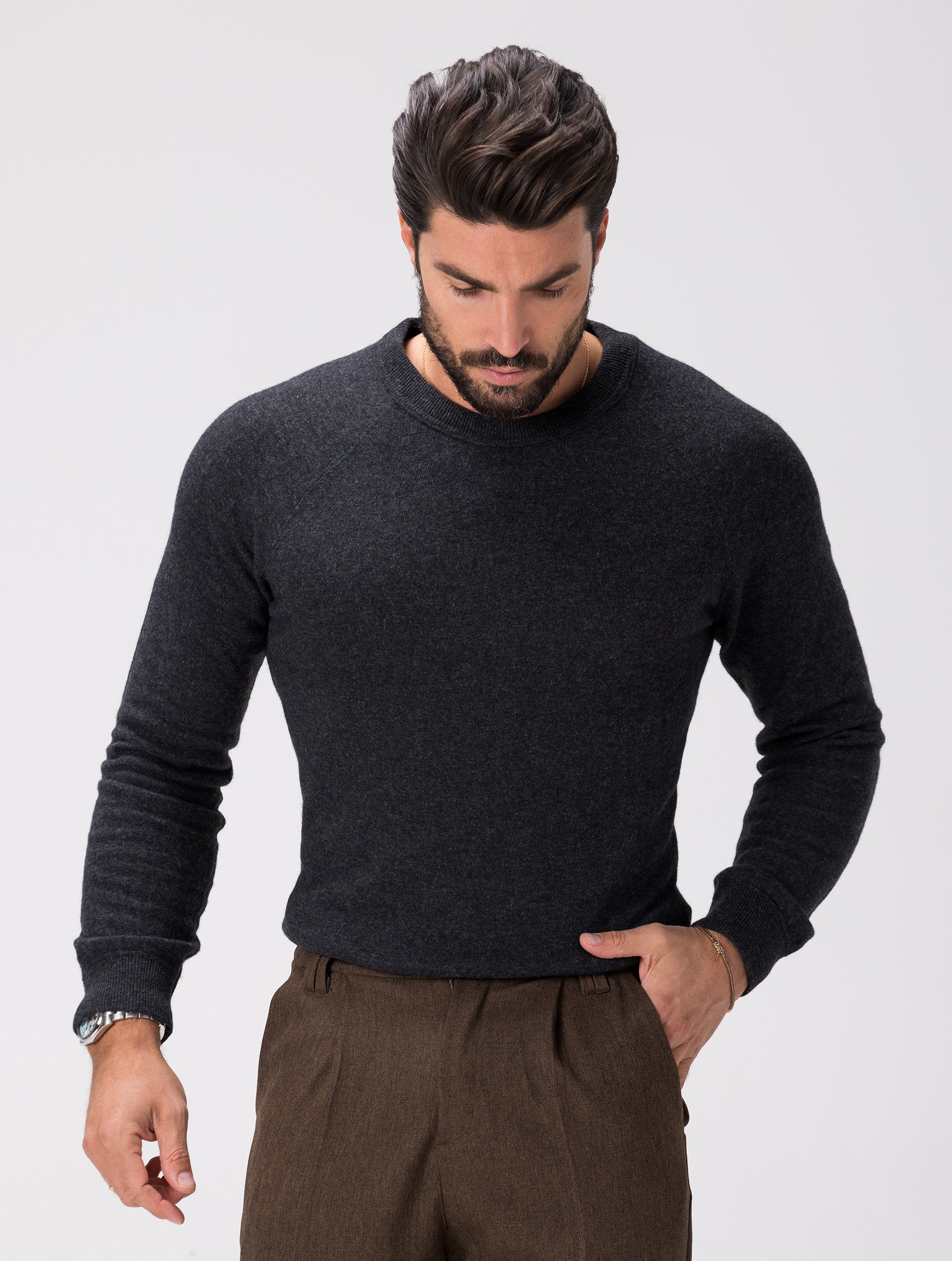 メンズウェア BRIEFING HOL MENS WOOL GAUZE CREW NECK WOOL CREWNECK SWEATER IN ANTHRACITE