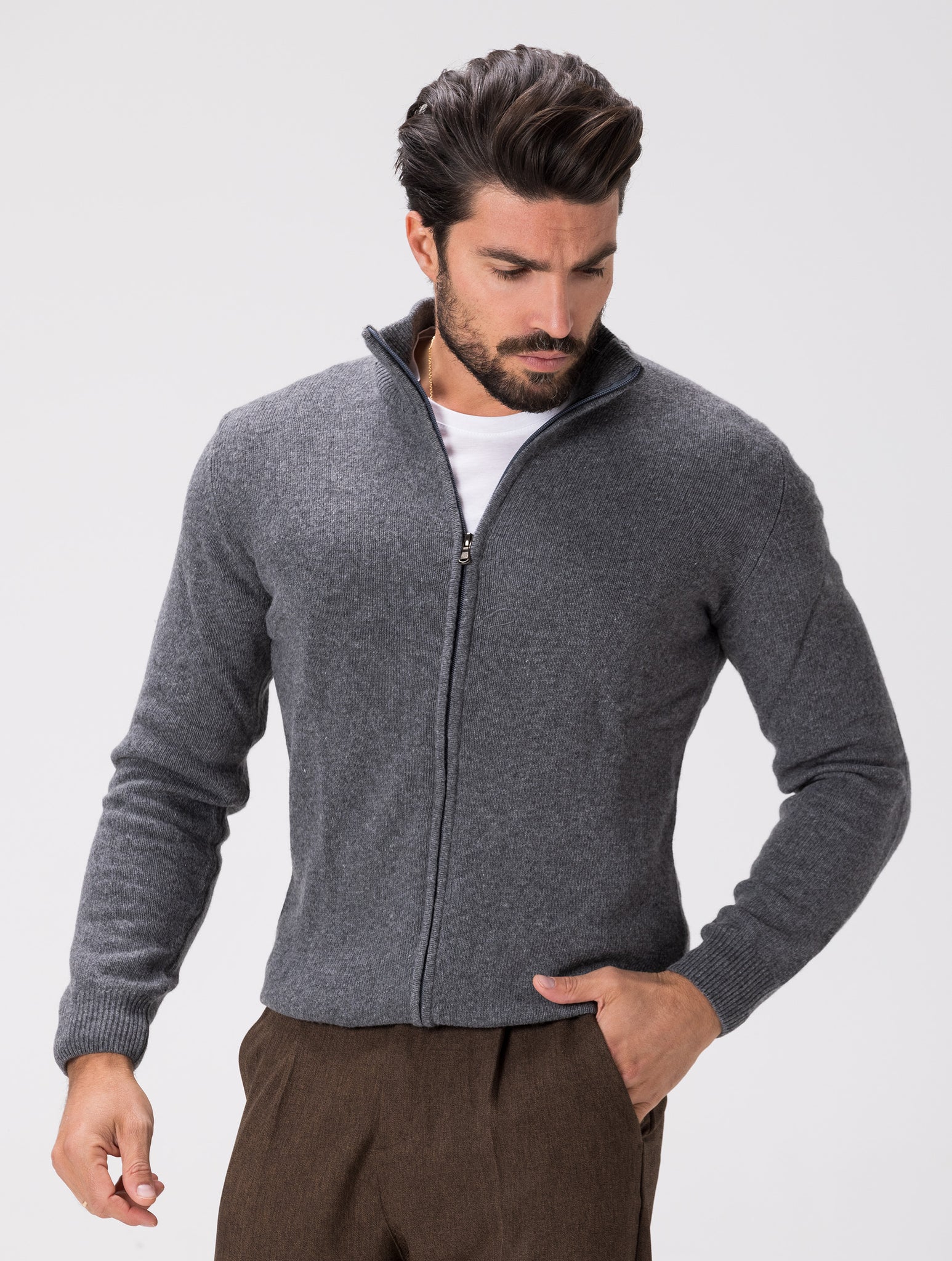 WOOL ZIPPED CARDIGAN IN ANTHRACITE