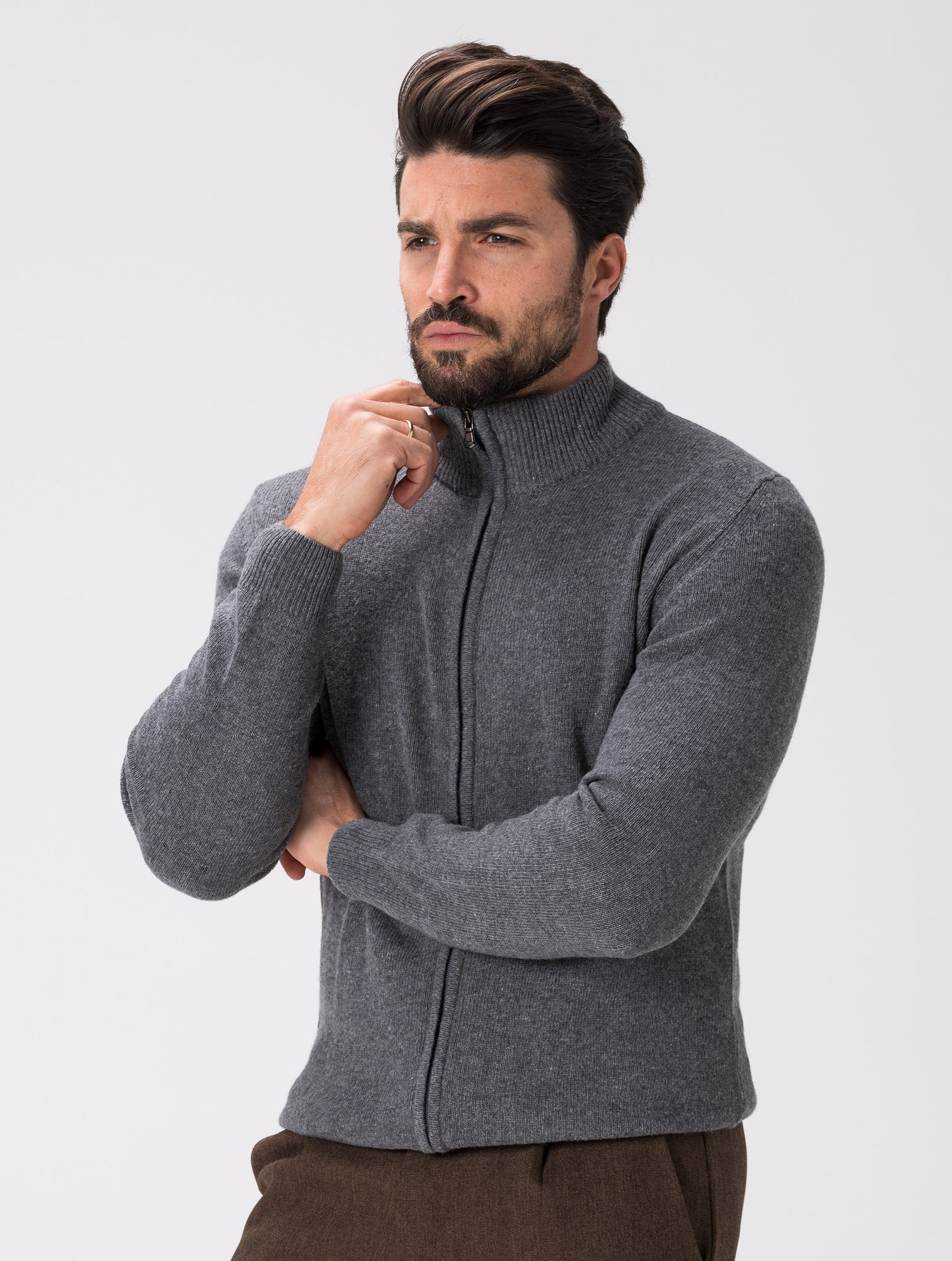 WOOL ZIPPED CARDIGAN IN ANTHRACITE