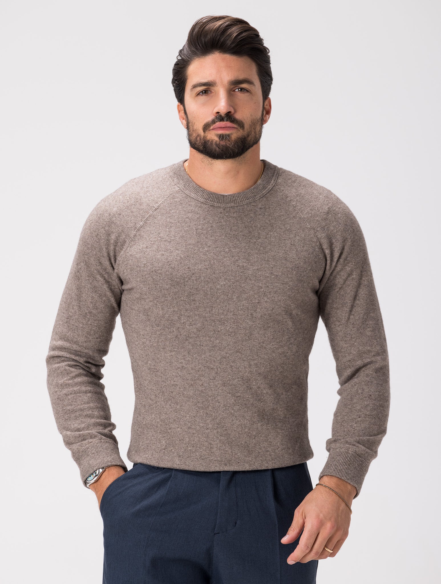 WOOL CREWNECK SWEATER IN TAUPE