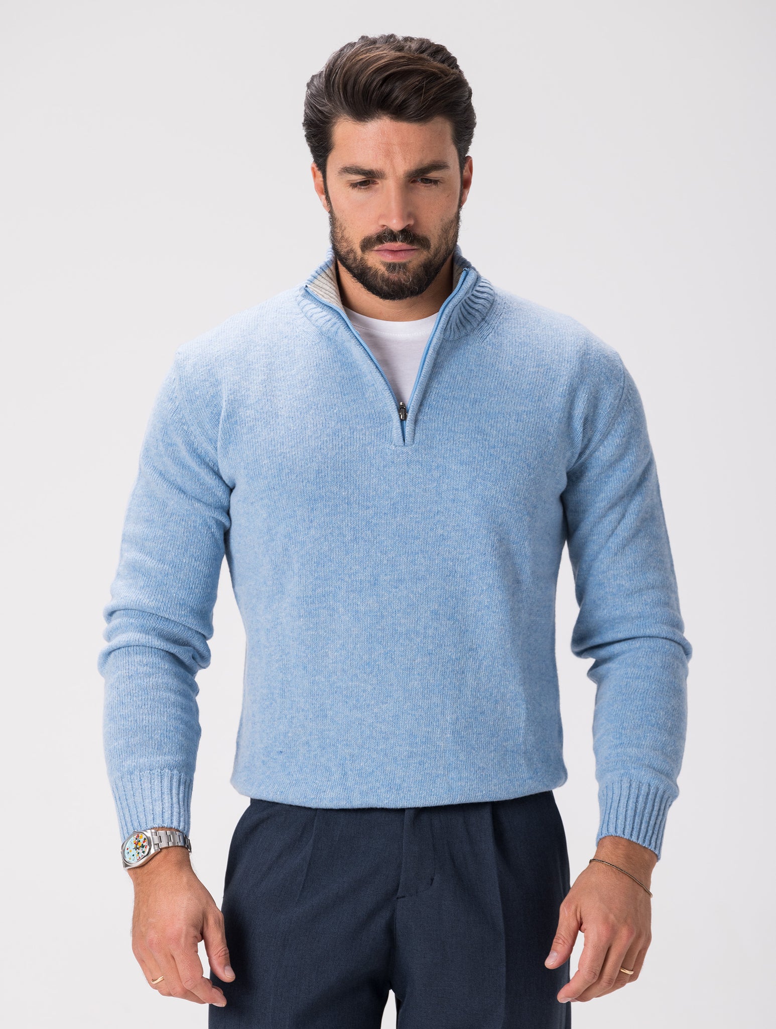 WOOL ZIPPED SWEATER IN SKY