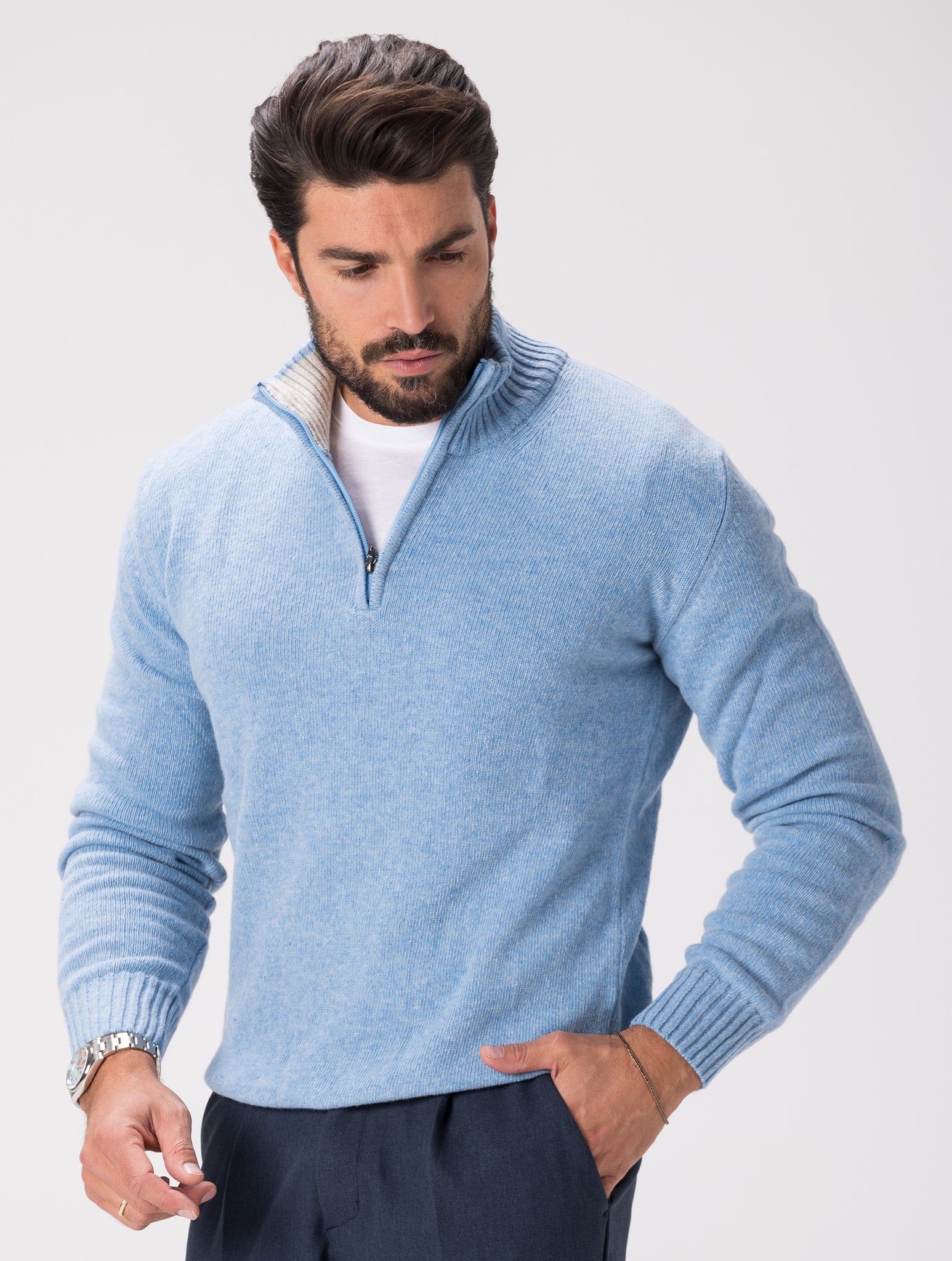 WOOL ZIPPED SWEATER IN SKY