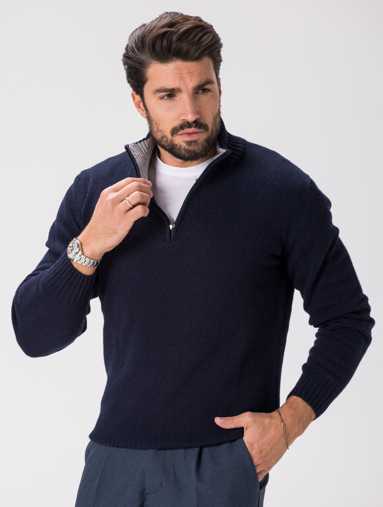 WOOL ZIPPED SWEATER IN NAVY