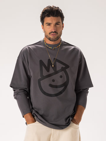 LAYERED PRINTED OVER LONG T-SHIRT IN GREY
