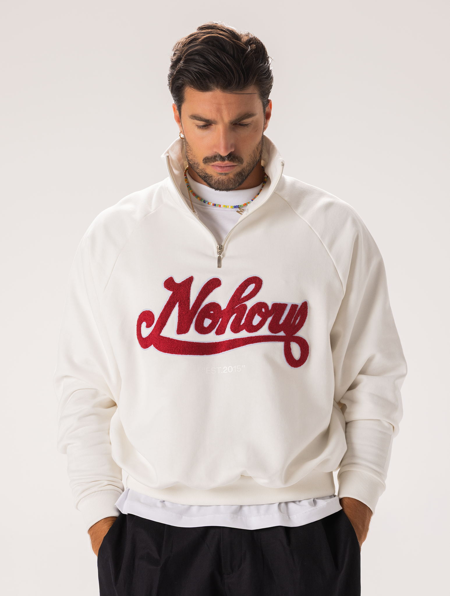 QUARTER ZIP SWEATSHIRT IN CREAM WITH NOHOW PATCH