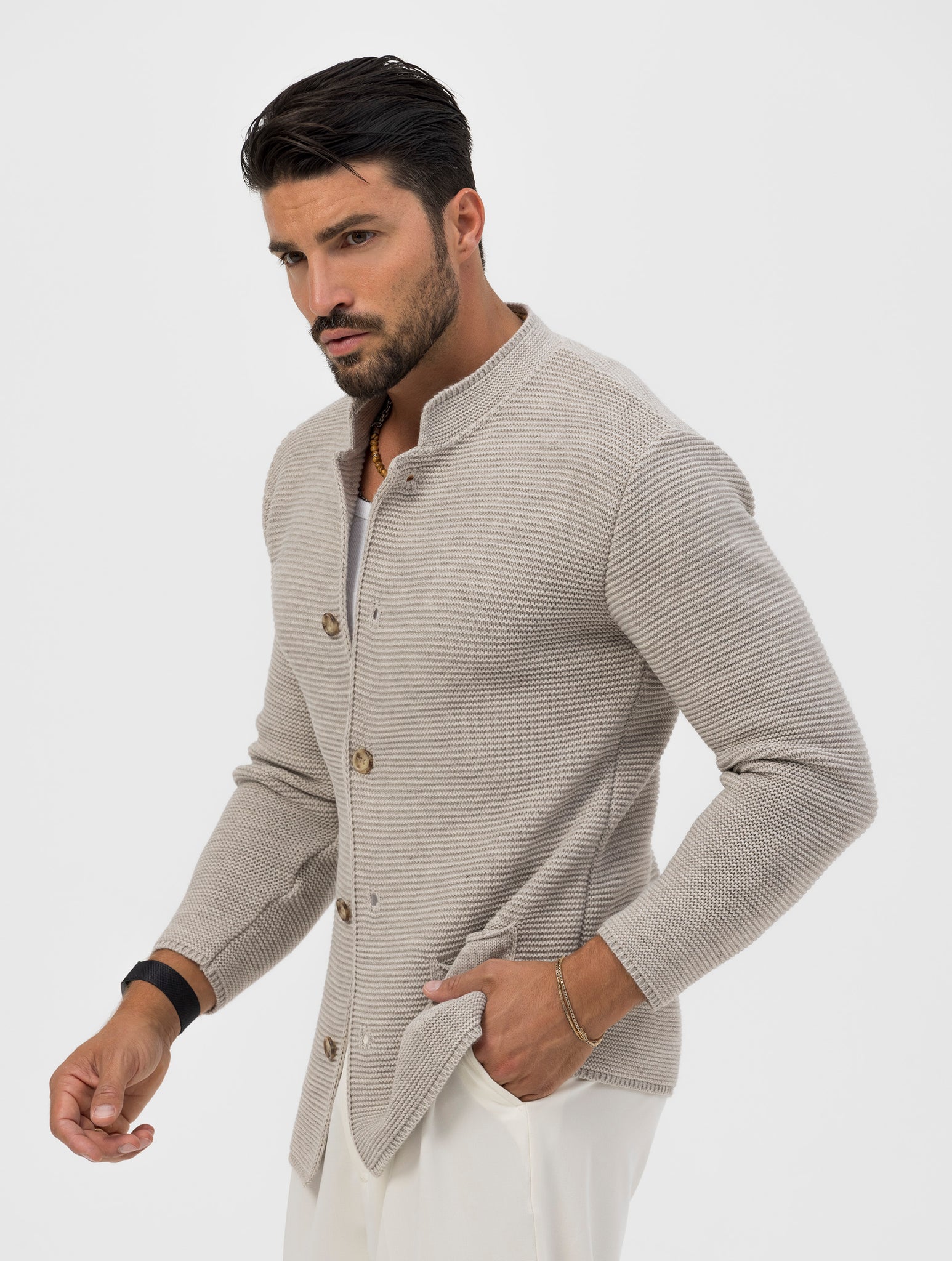 RYO BLAZER SABBIA IN MAGLIA CON COLLETTO ALLA COREANA