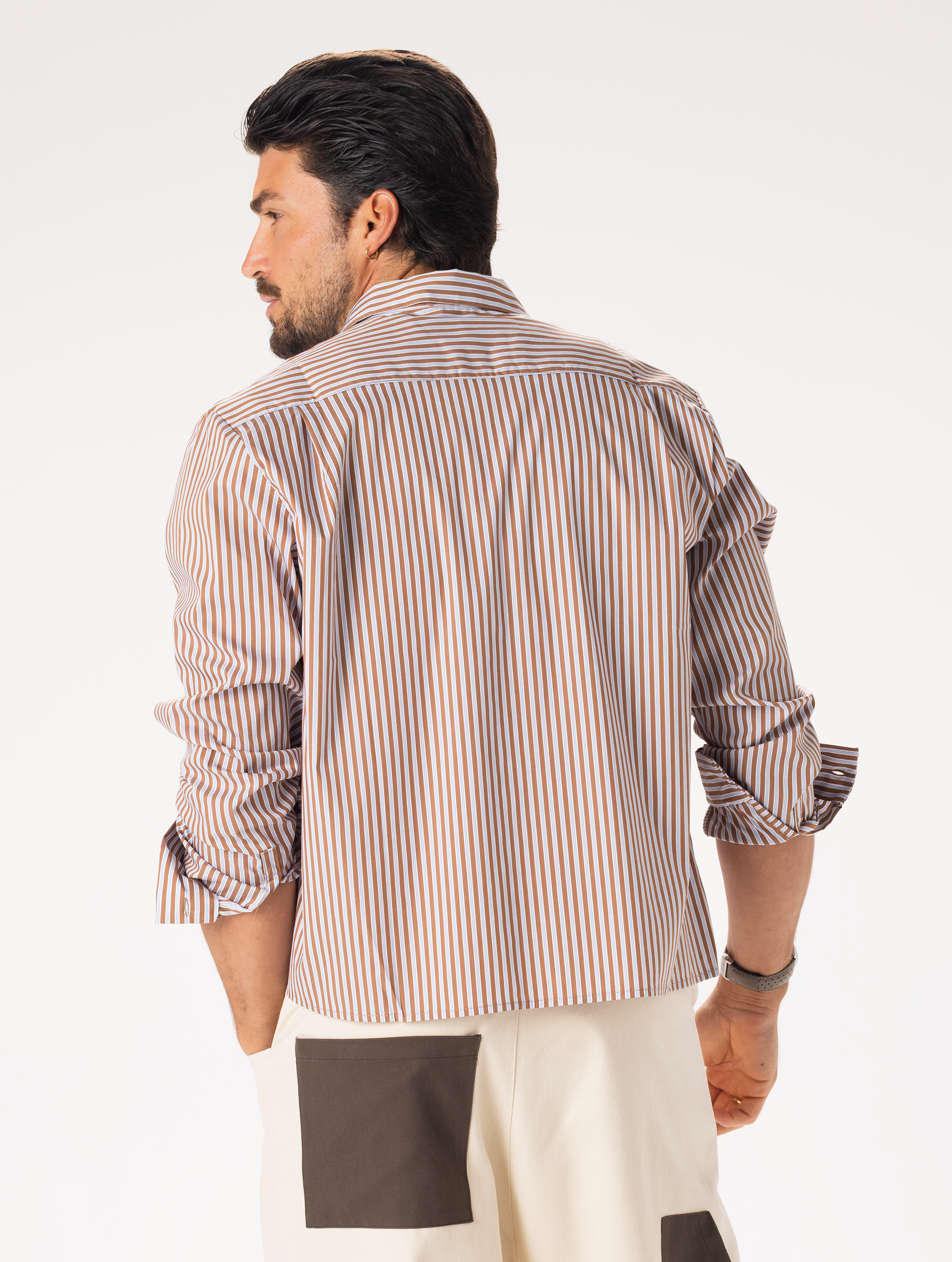brown and white striped dress shirt Cache French Cuff Striped Shirt- Brown