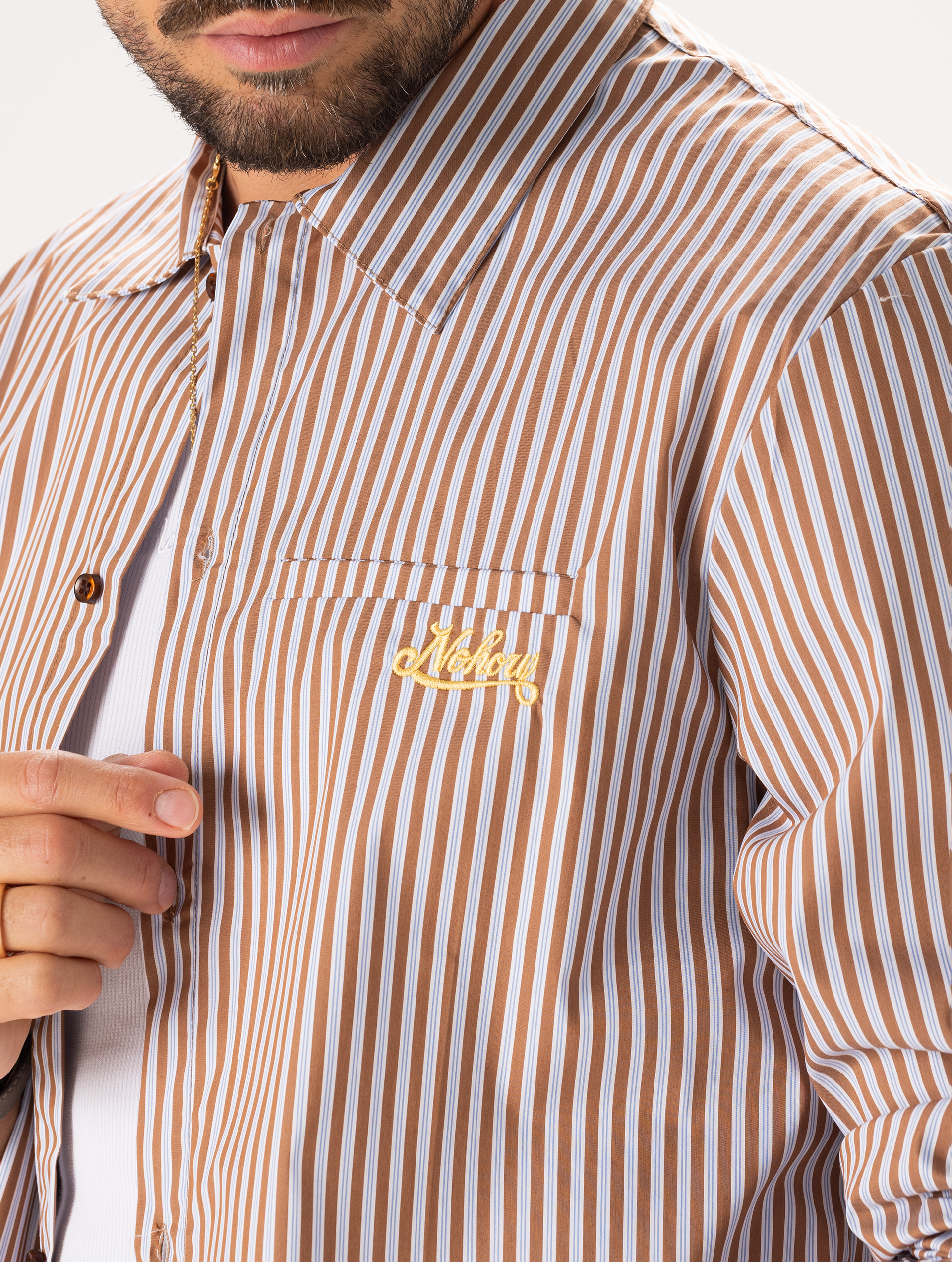 brown and white striped dress shirt Cache French Cuff Striped Shirt- Brown