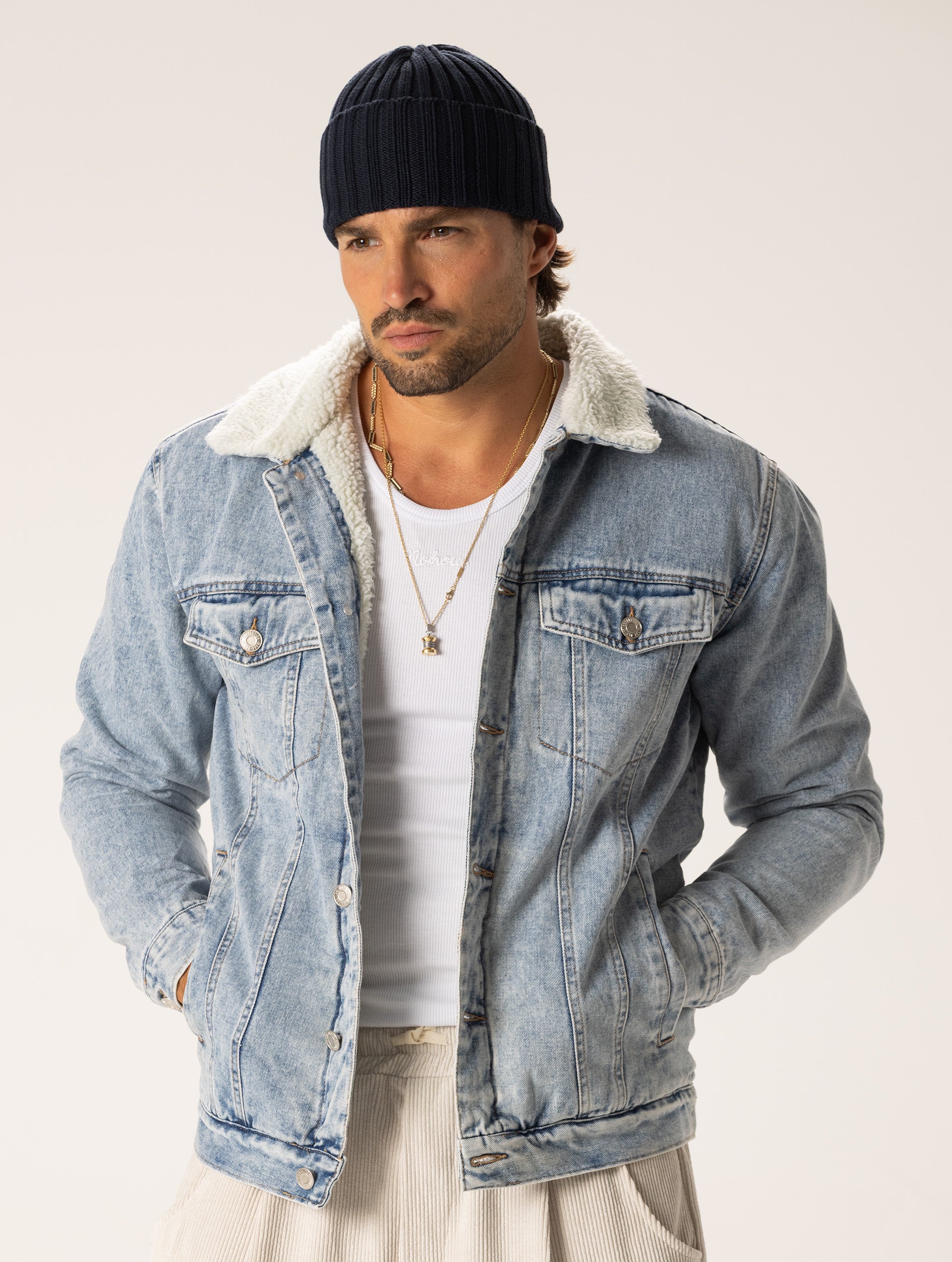 DENIM JACKET WITH SHEARLING-EFFECT LINING