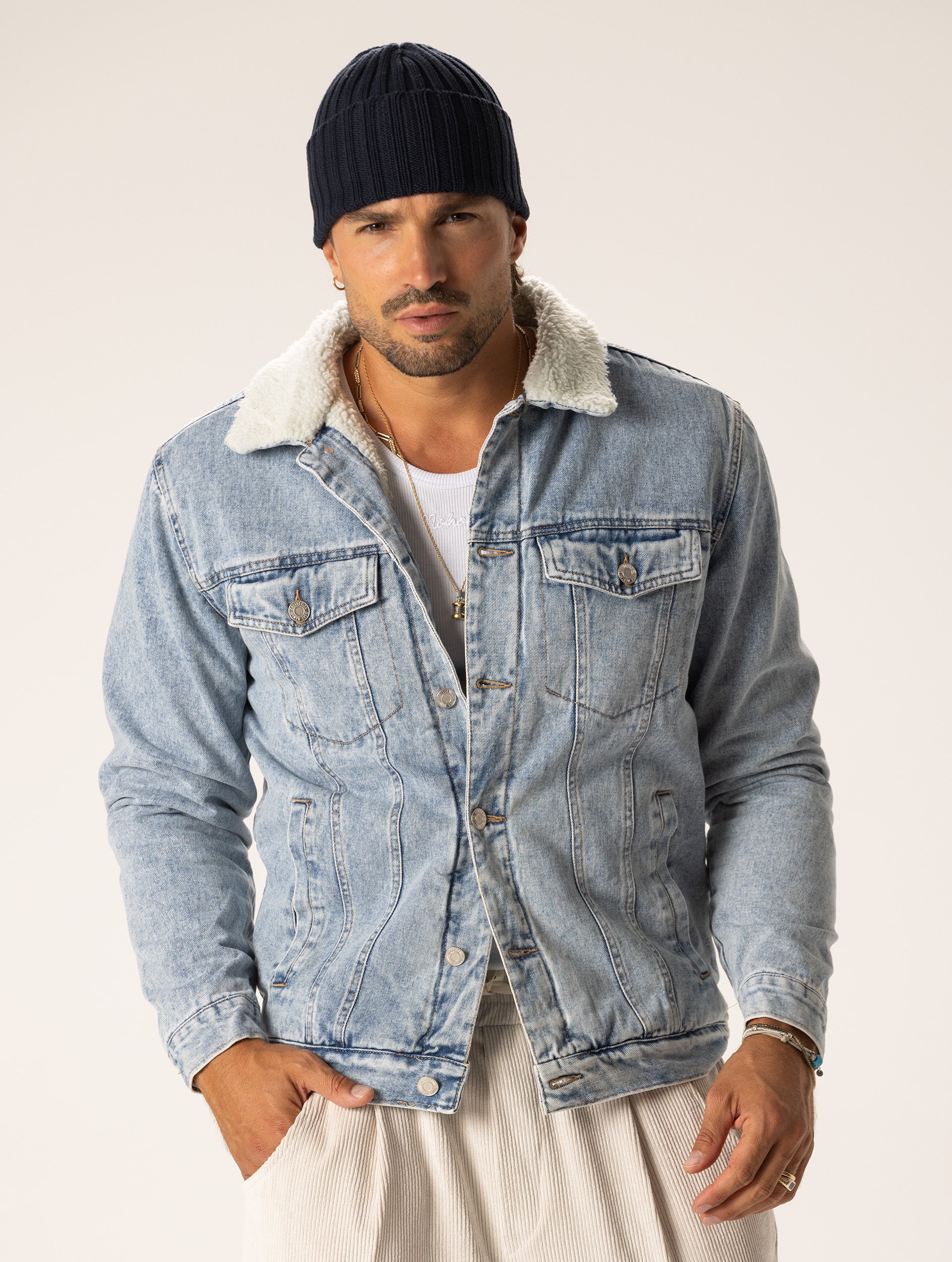 DENIM JACKET WITH SHEARLING-EFFECT LINING