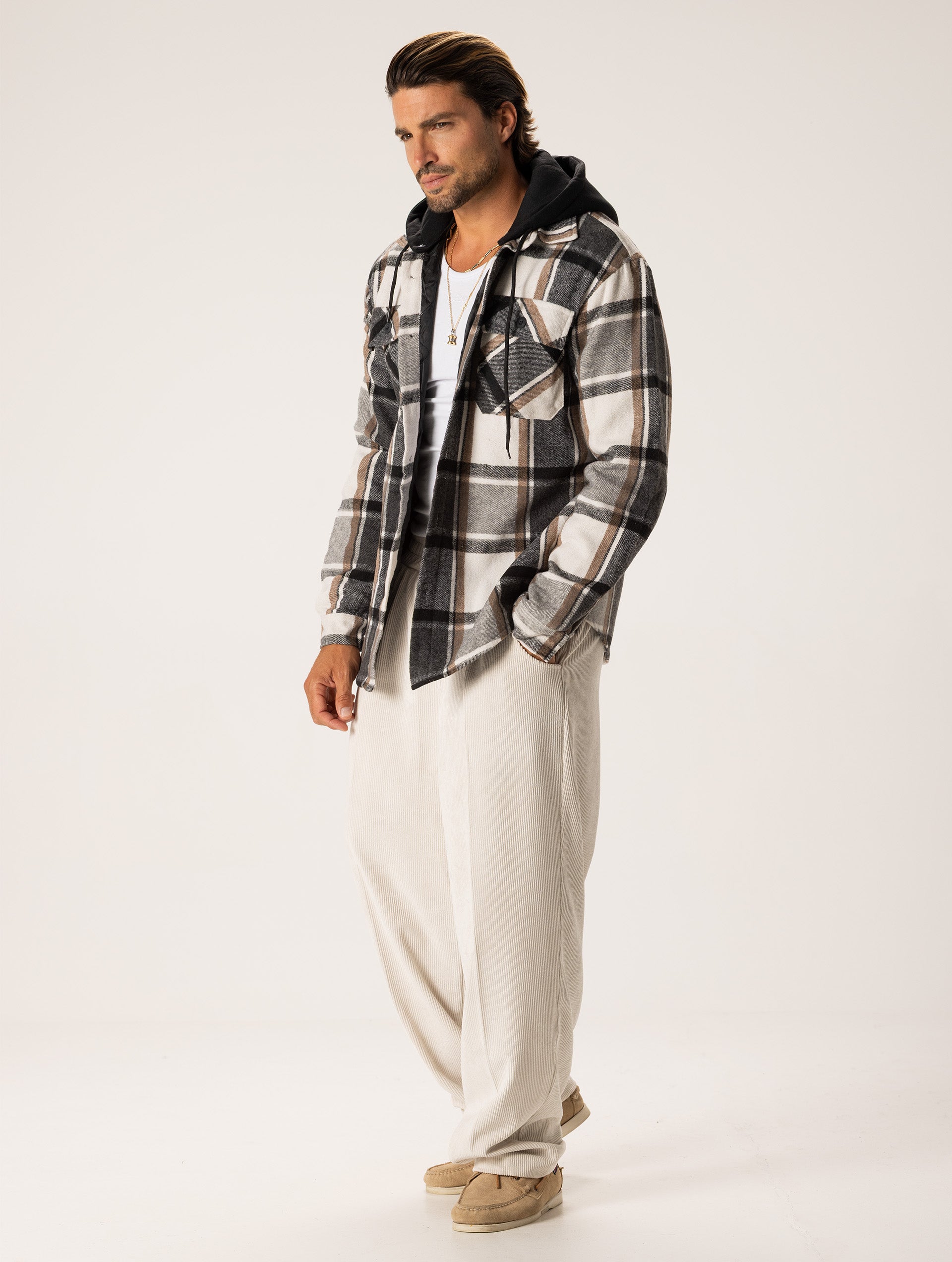 CHECKED HOODIE JACKET IN GREY AND CREAM