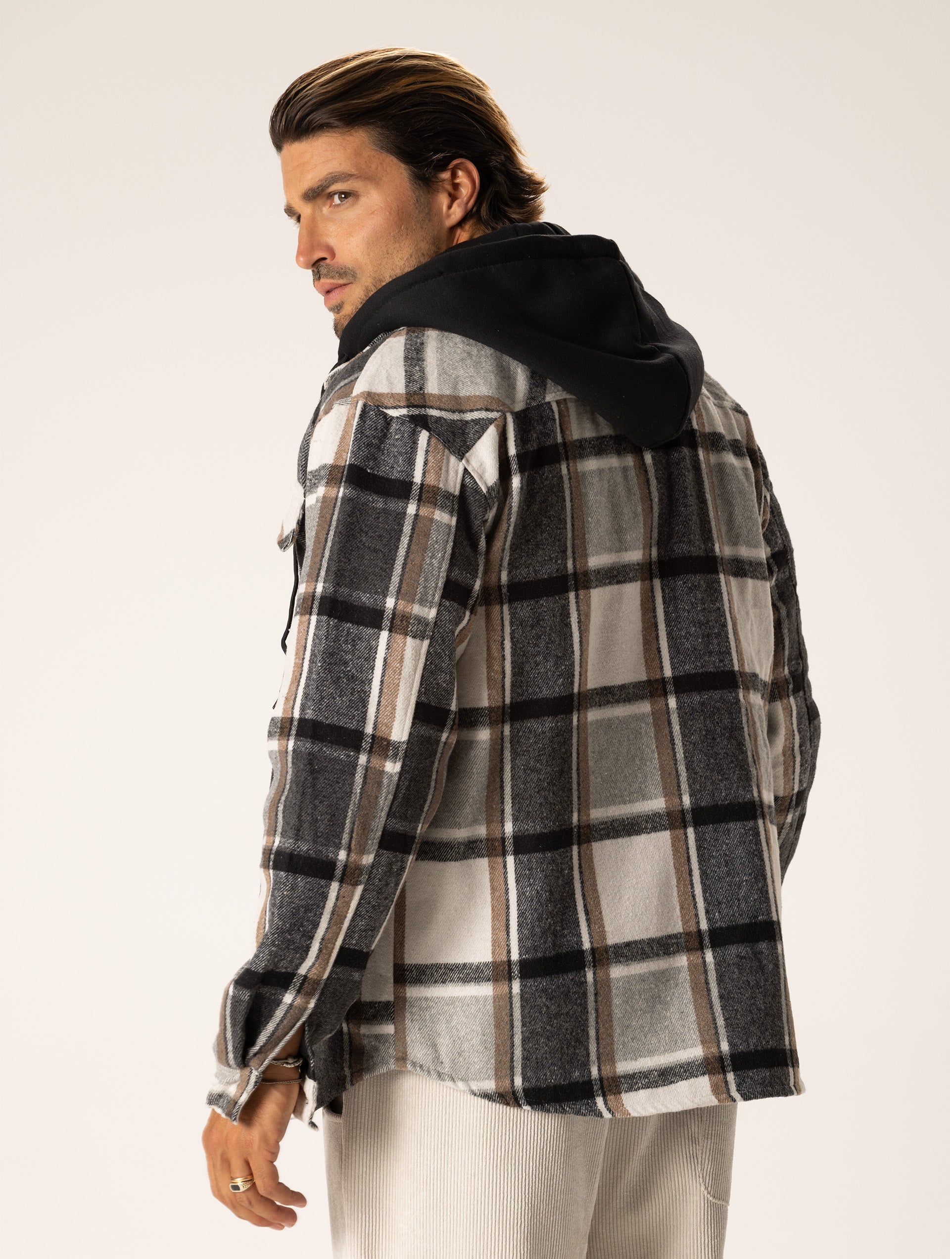 CHECKED HOODIE JACKET IN GREY AND CREAM