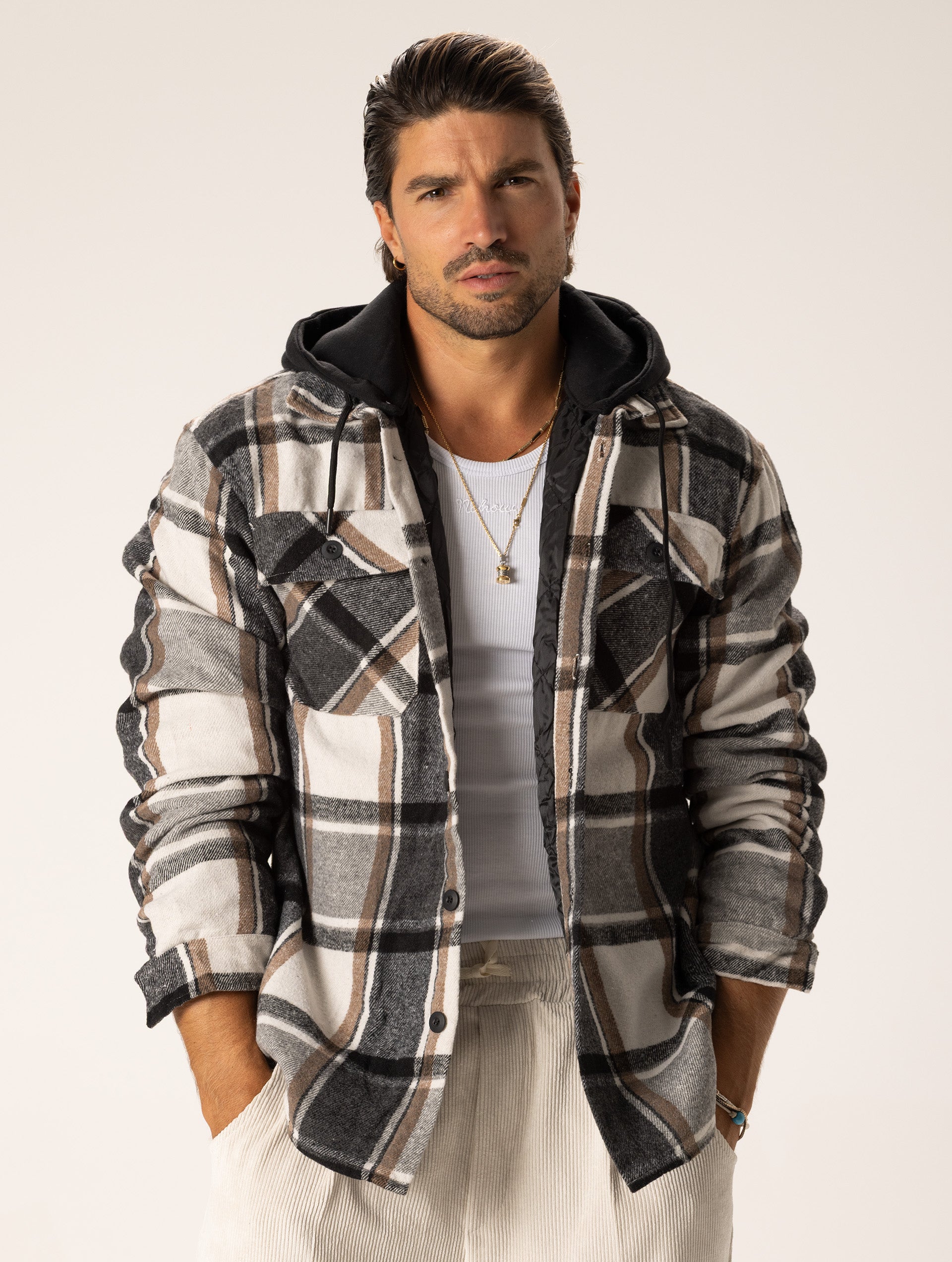 CHECKED HOODIE JACKET IN GREY AND CREAM