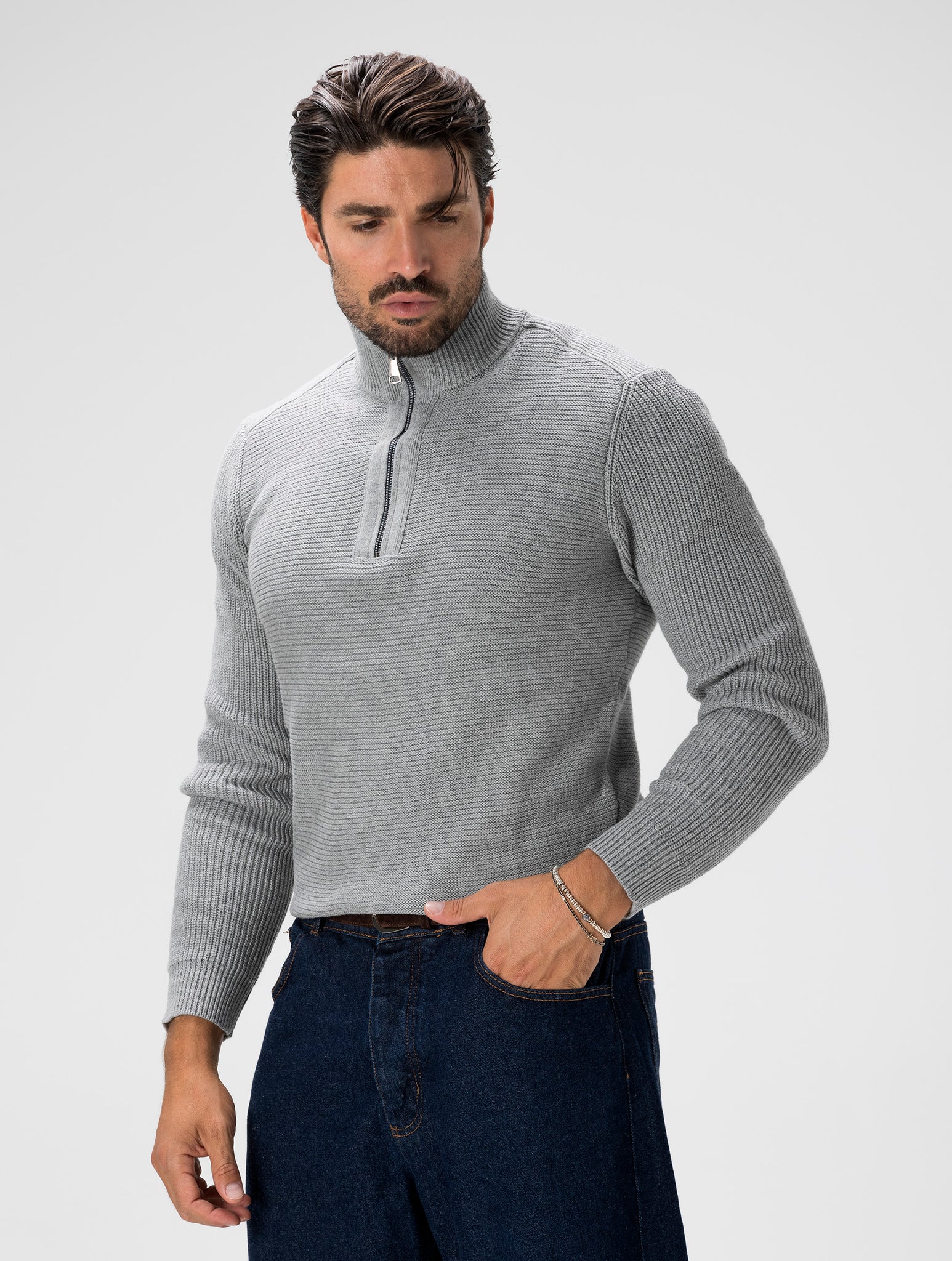 COTTON ZIPPED SWEATER IN GREY