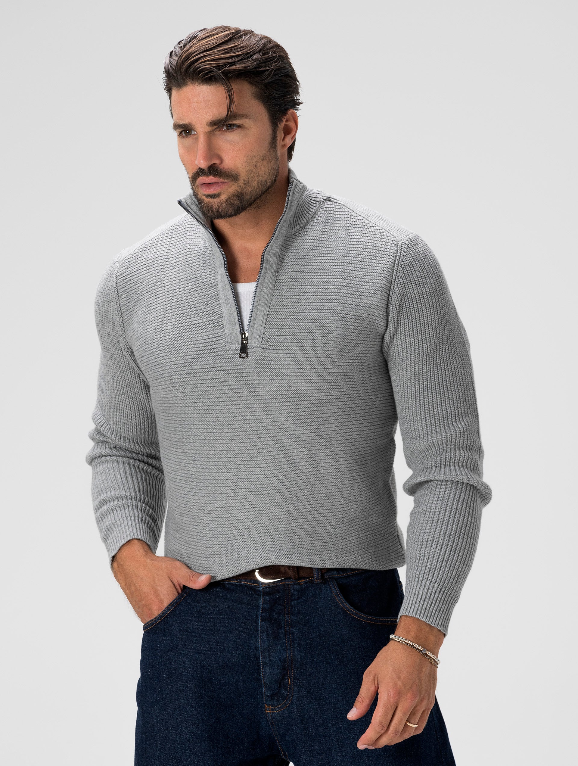 COTTON ZIPPED SWEATER IN GREY - Main Image