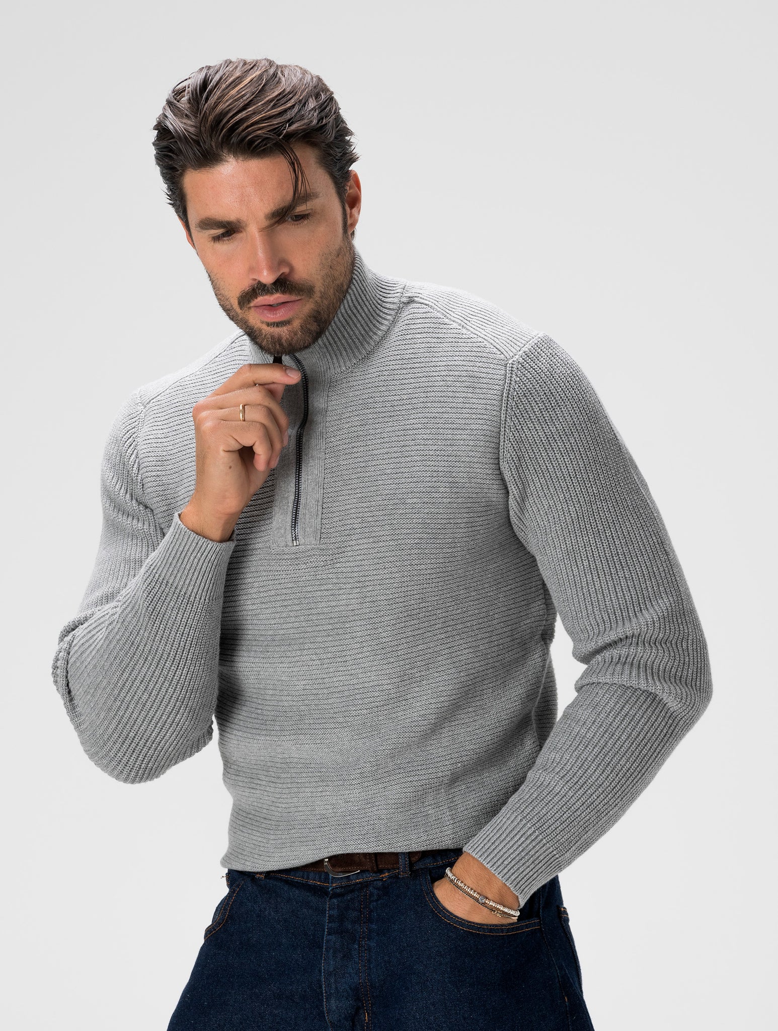 COTTON ZIPPED SWEATER IN GREY