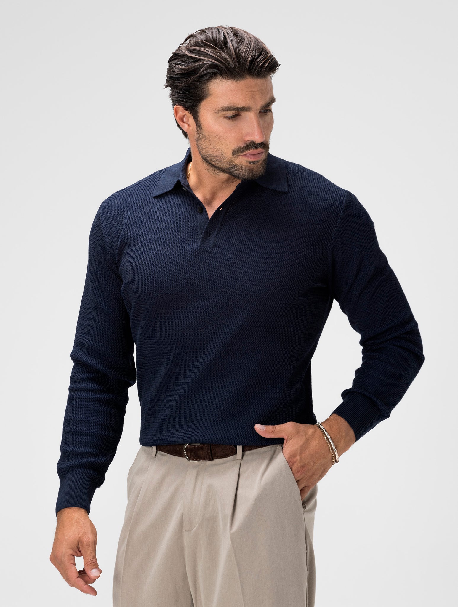 JIN KNITTED LONG SLEEVED POLO IN BLUE