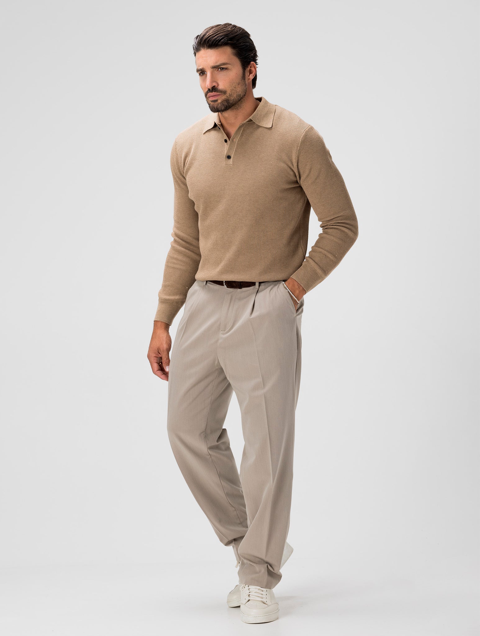 JIN KNITTED LONG SLEEVED POLO IN CAMEL