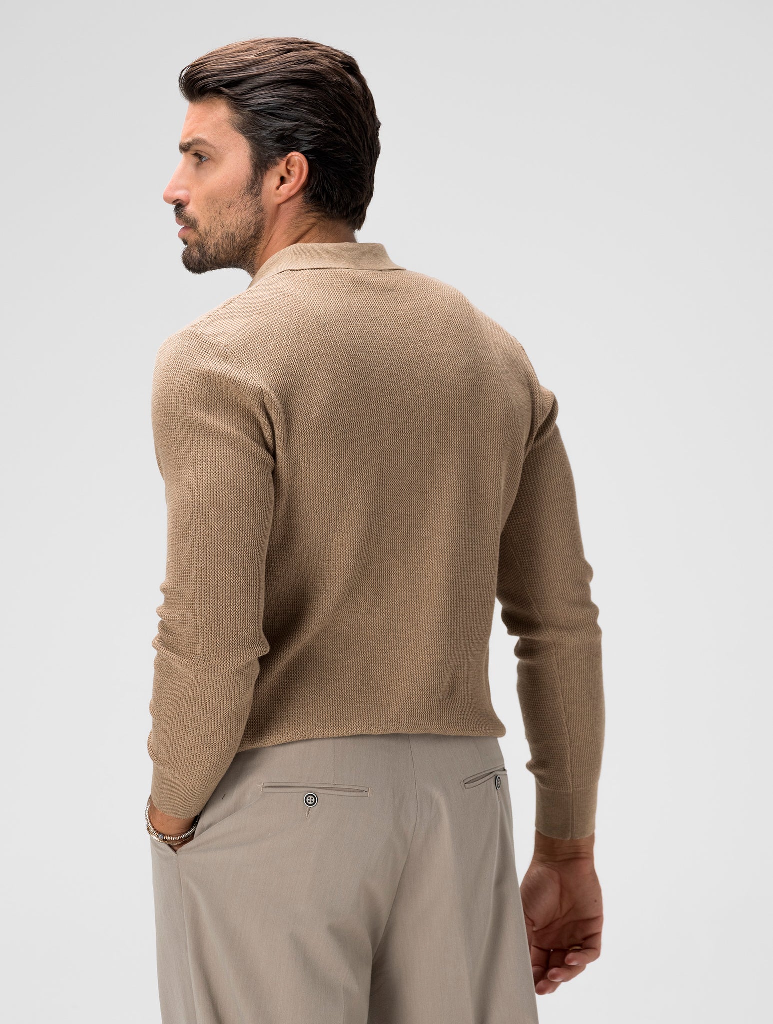 JIN KNITTED LONG SLEEVED POLO IN CAMEL