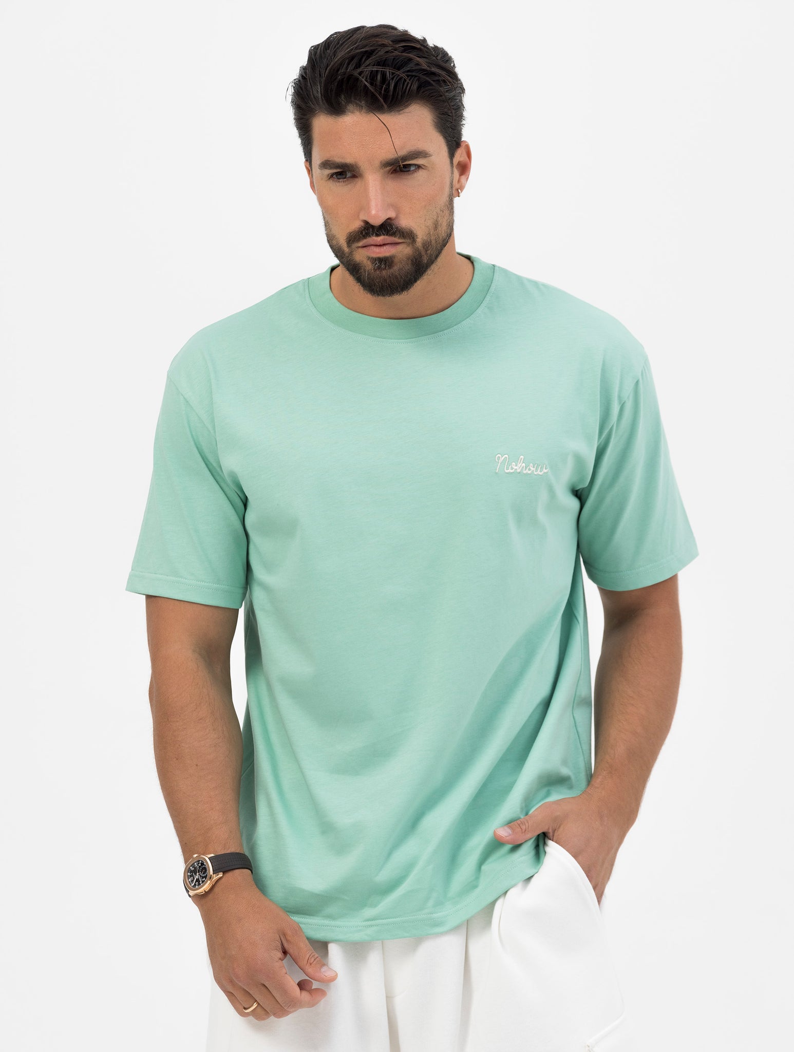 CAMISETA OVERSIZE MENTA CON BORDADO NOHOW