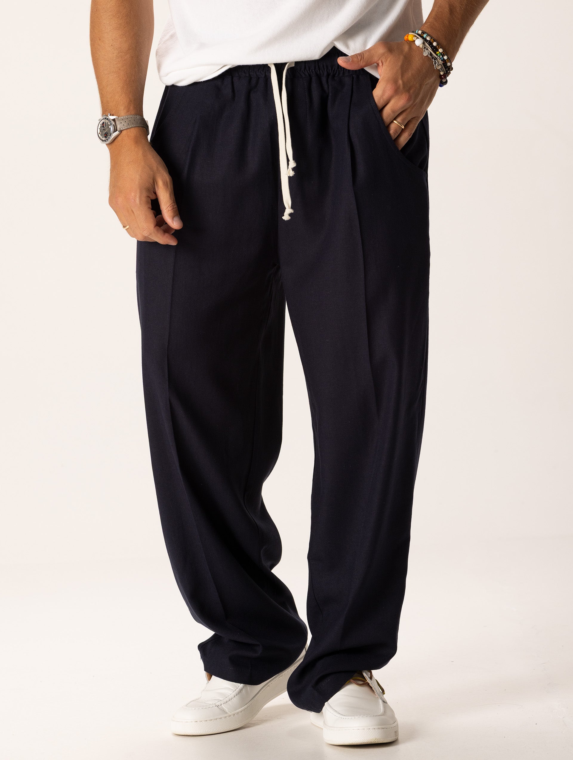 CASUAL LINEN BLEND PANTS IN NAVY