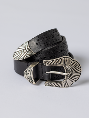 LASER-ETCHED LEATHER BELT IN BLACK