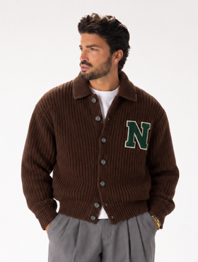 ENGLISH RIB KNIT CARDIGAN IN BROWN