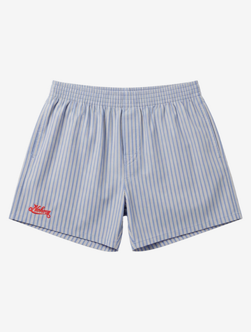 PANTALONES CORTOS AZUL CLAROS A RAYAS BORDADO NARANJA